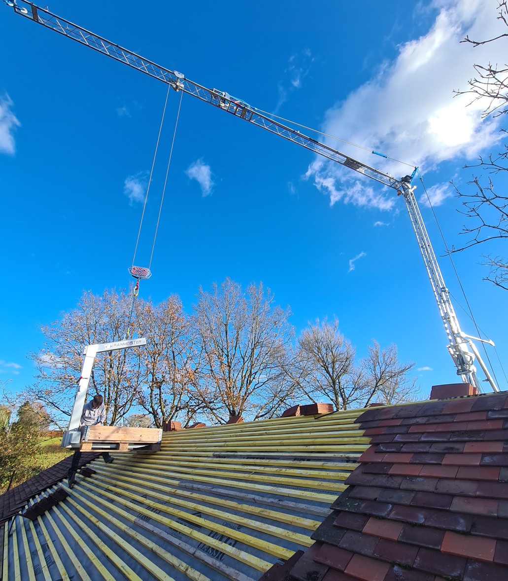 A crane for roofing work